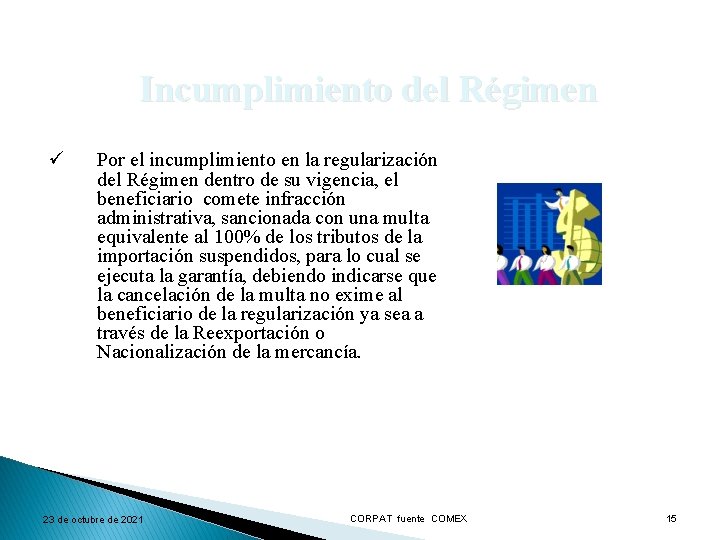 Incumplimiento del Régimen ü Por el incumplimiento en la regularización del Régimen dentro de