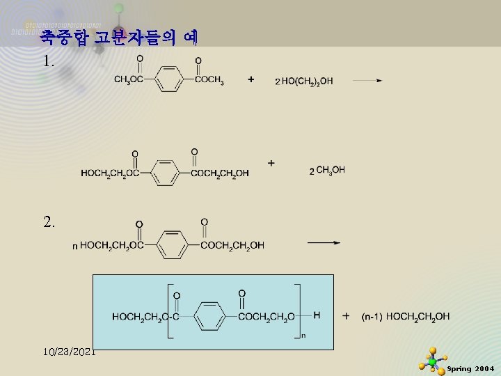 축중합 고분자들의 예 1. 2. 10/23/2021 Spring 2004 축중합 고분자들의 예 1. 2. 10/23/2021 Spring 2004