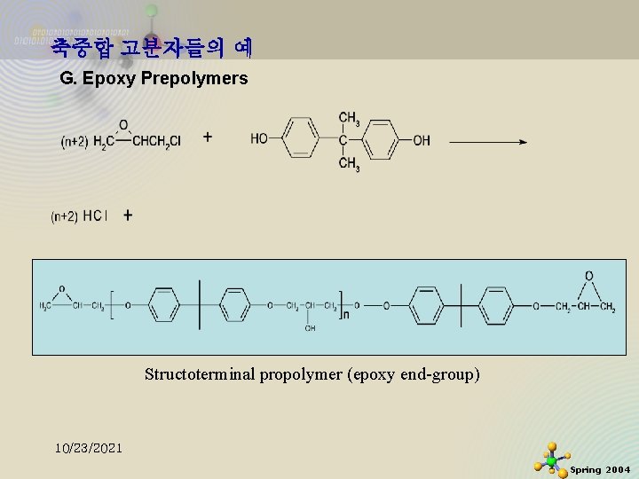 축중합 고분자들의 예 G. Epoxy Prepolymers Structoterminal propolymer (epoxy end-group) 10/23/2021 Spring 2004 