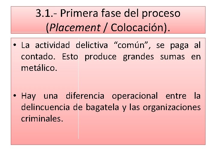 3. 1. - Primera fase del proceso (Placement / Colocación). • La actividad delictiva