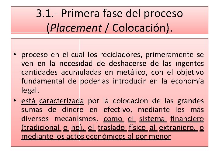 3. 1. - Primera fase del proceso (Placement / Colocación). • proceso en el