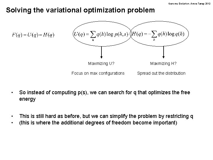 Genome Evolution. Amos Tanay 2012 Solving the variational optimization problem Maxmizing U? Focus on
