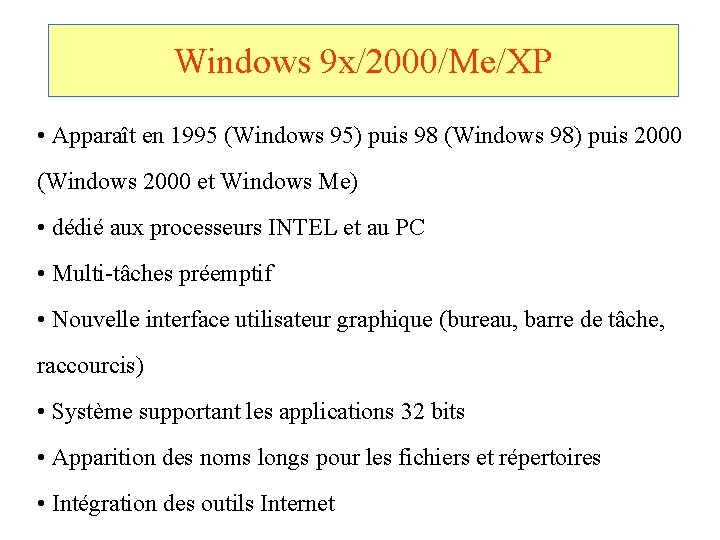 Windows 9 x/2000/Me/XP • Apparaît en 1995 (Windows 95) puis 98 (Windows 98) puis