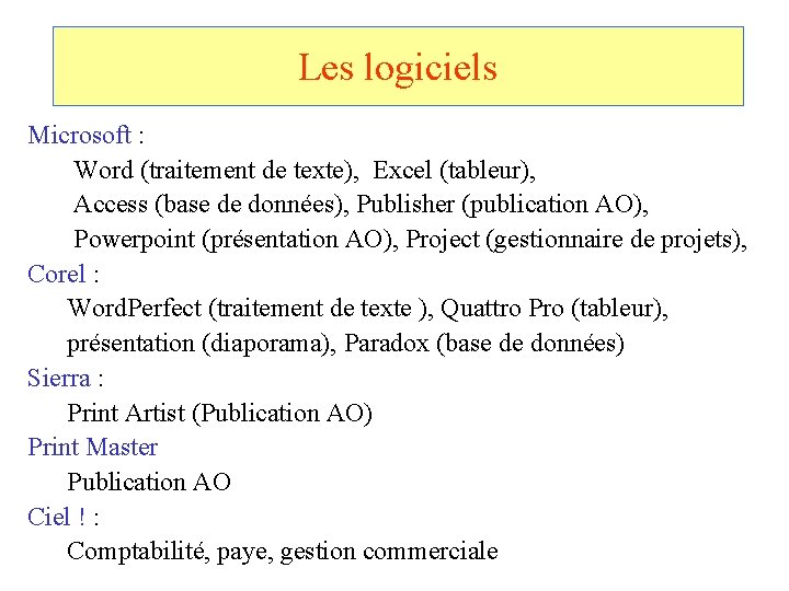 Les logiciels Microsoft : Word (traitement de texte), Excel (tableur), Access (base de données),