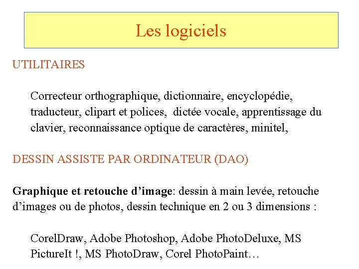 Les logiciels UTILITAIRES Correcteur orthographique, dictionnaire, encyclopédie, traducteur, clipart et polices, dictée vocale, apprentissage