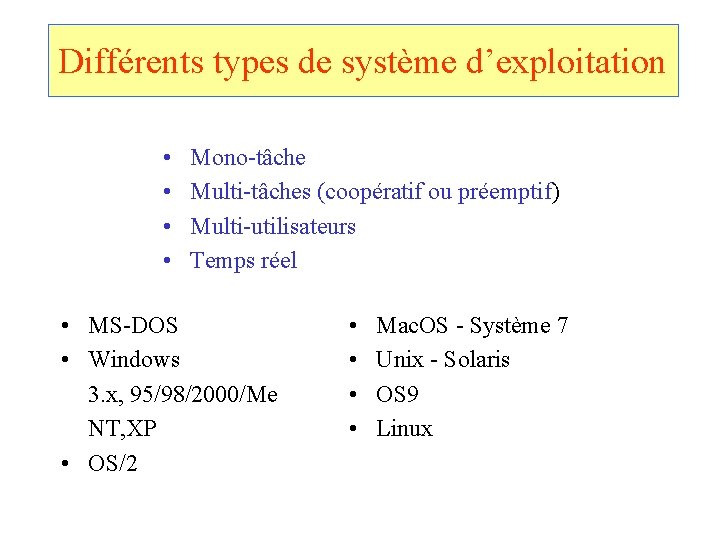 Différents types de système d’exploitation • • Mono-tâche Multi-tâches (coopératif ou préemptif) Multi-utilisateurs Temps