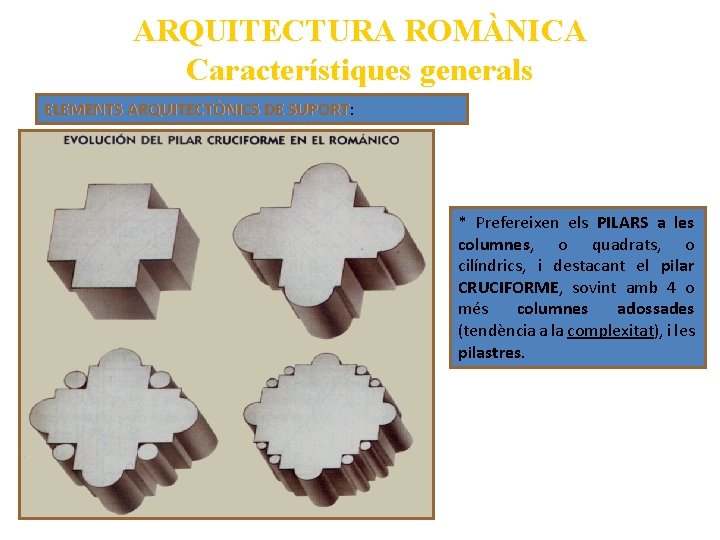 ARQUITECTURA ROMÀNICA Característiques generals ELEMENTS ARQUITECTÒNICS DE SUPORT: SUPORT * Prefereixen els PILARS a