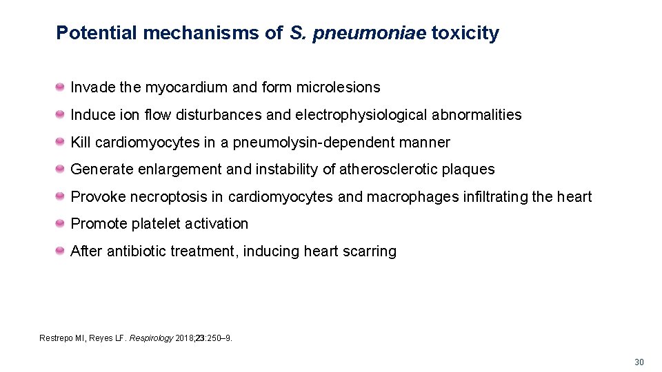 Potential mechanisms of S. pneumoniae toxicity Invade the myocardium and form microlesions Induce ion