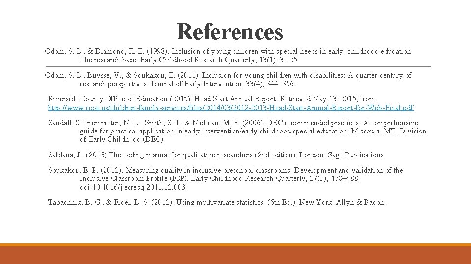 References Odom, S. L. , & Diamond, K. E. (1998). Inclusion of young children