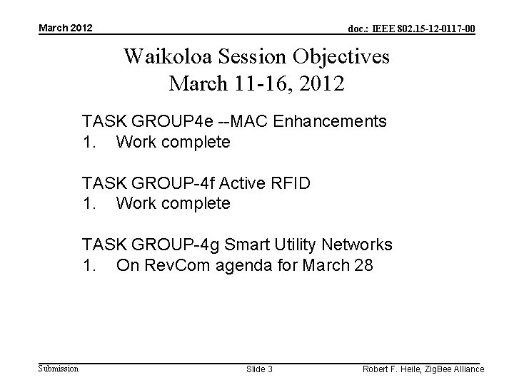 March 2012 doc. : IEEE 802. 15 -12 -0117 -00 Waikoloa Session Objectives March