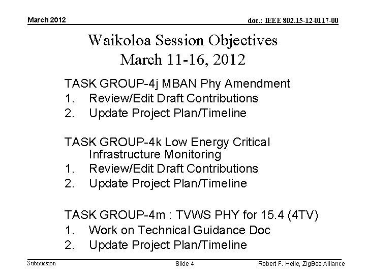 March 2012 doc. : IEEE 802. 15 -12 -0117 -00 Waikoloa Session Objectives March