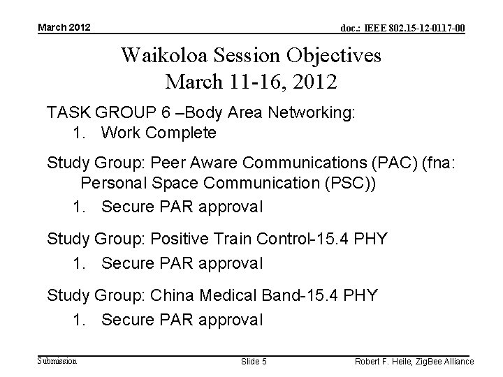 March 2012 doc. : IEEE 802. 15 -12 -0117 -00 Waikoloa Session Objectives March