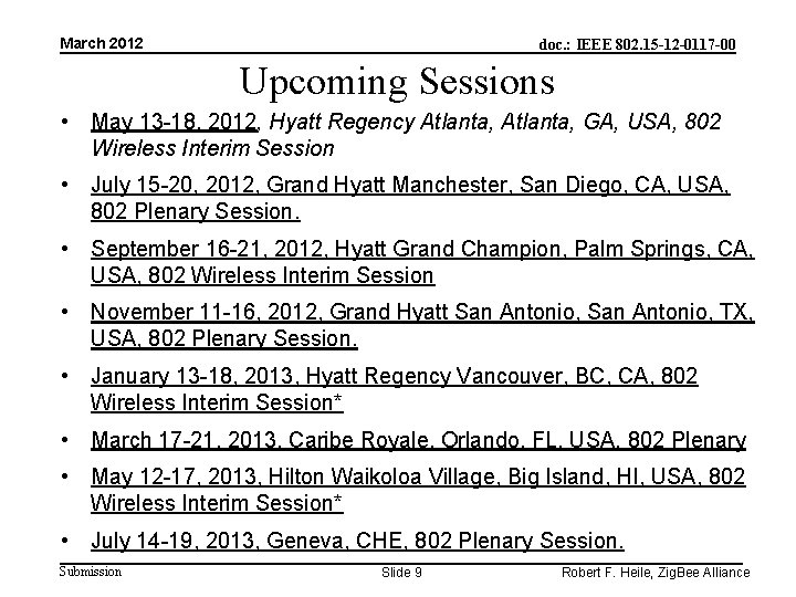 March 2012 doc. : IEEE 802. 15 -12 -0117 -00 Upcoming Sessions • May