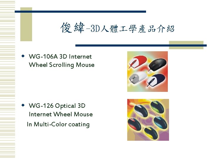 俊緯-3 D人體 學產品介紹 w WG-106 A 3 D Internet Wheel Scrolling Mouse w WG-126