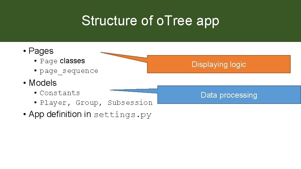 Structure of o. Tree app • Pages • Page classes • page_sequence Displaying logic