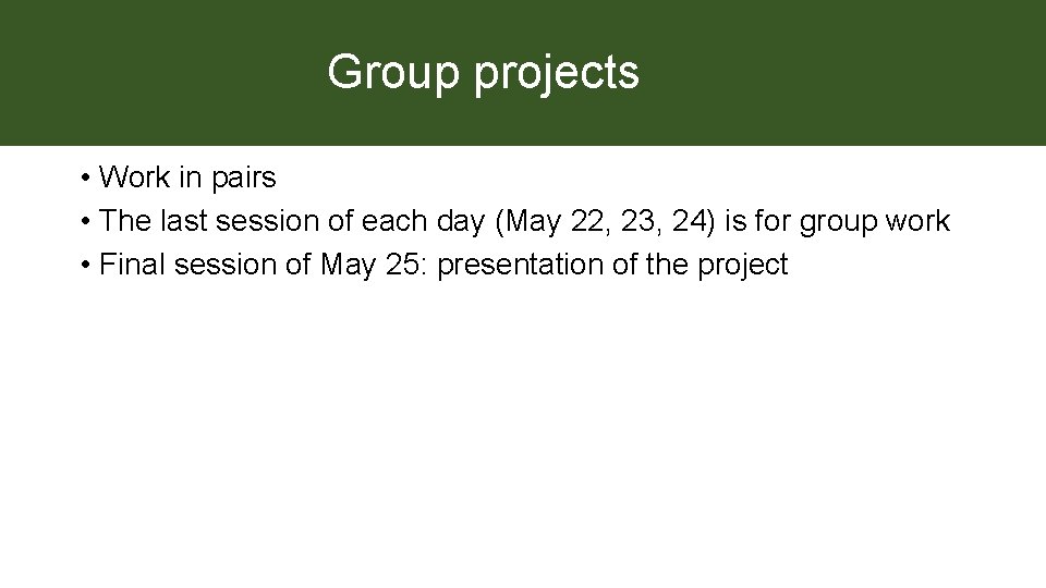 Group projects • Work in pairs • The last session of each day (May