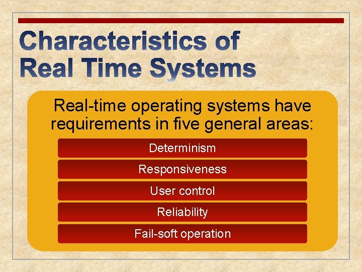 Real-time operating systems have requirements in five general areas: Determinism Responsiveness User control Reliability