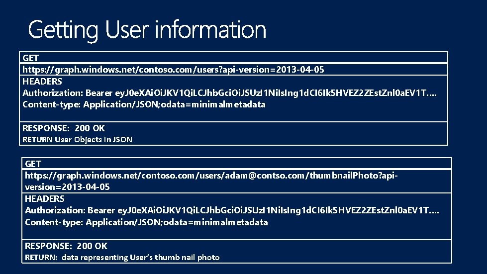 GET https: //graph. windows. net/contoso. com/users? api-version=2013 -04 -05 HEADERS Authorization: Bearer ey. J