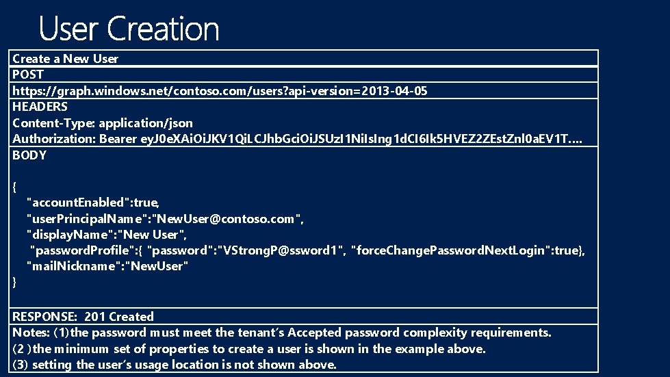 Create a New User POST https: //graph. windows. net/contoso. com/users? api-version=2013 -04 -05 HEADERS