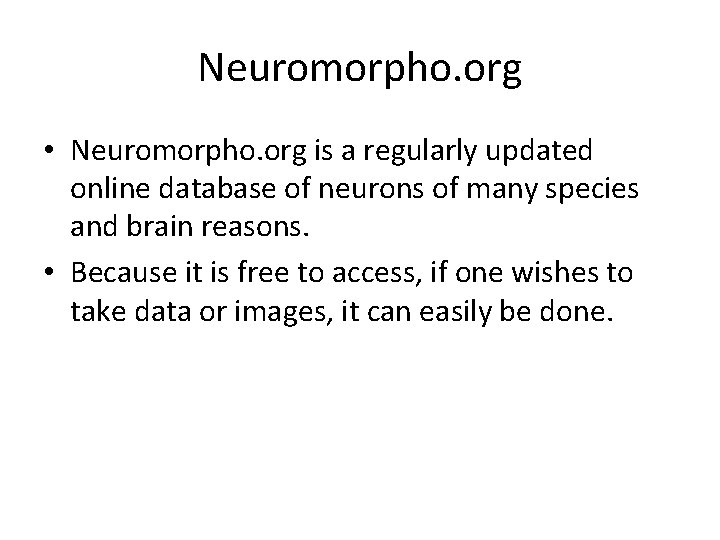 Neuromorpho. org • Neuromorpho. org is a regularly updated online database of neurons of