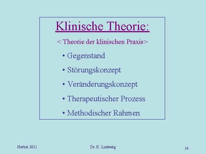 Klinische Theorie: < Theorie der klinischen Praxis> • Gegenstand • Störungskonzept • Veränderungskonzept •