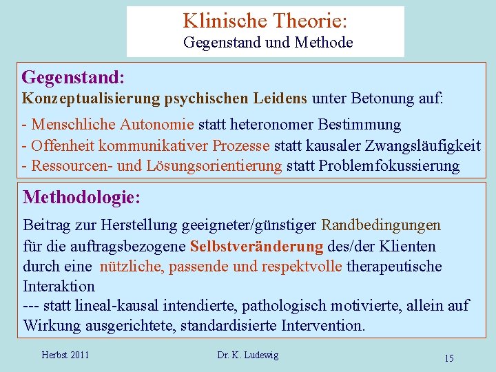 Klinische Theorie: Gegenstand und Methode Gegenstand: Konzeptualisierung psychischen Leidens unter Betonung auf: - Menschliche