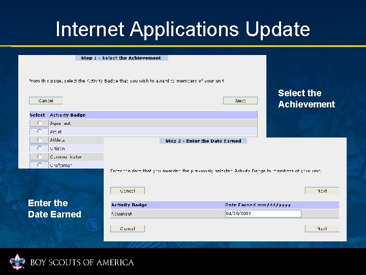 Internet Applications Update Select the Achievement Enter the Date Earned 