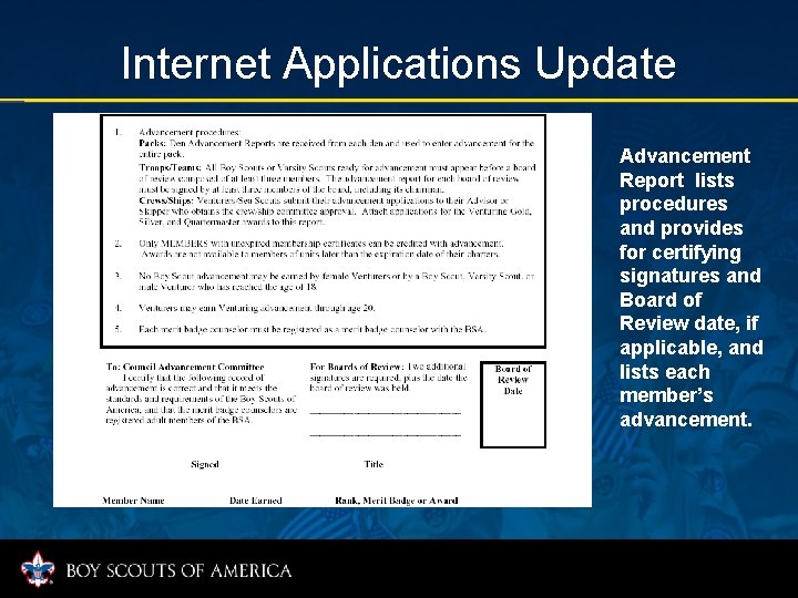 Internet Applications Update Advancement Report lists procedures and provides for certifying signatures and Board