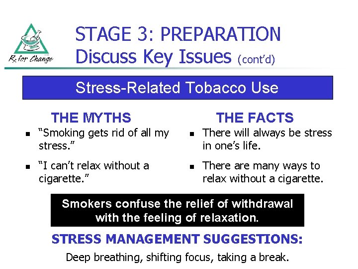 STAGE 3: PREPARATION Discuss Key Issues (cont’d) Stress-Related Tobacco Use THE MYTHS n n