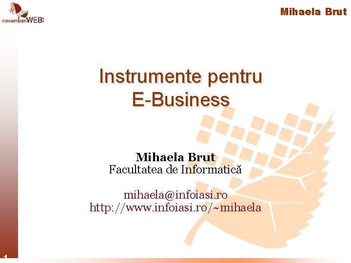 Mihaela Brut Instrumente pentru E-Business Mihaela Brut Facultatea de Informatică mihaela@infoiasi. ro http: //www.