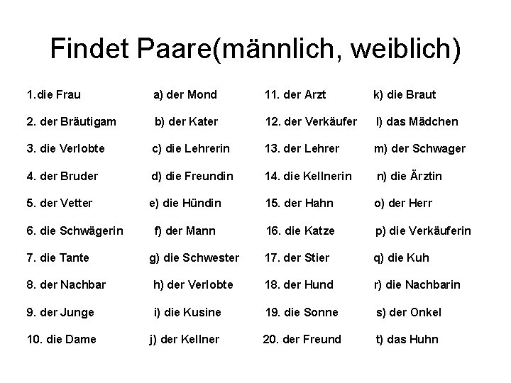 Findet Paare(männlich, weiblich) 1. die Frau a) der Mond 11. der Arzt k) die