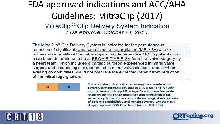 FDA approved indications and ACC/AHA Guidelines: Mitra. Clip (2017) 