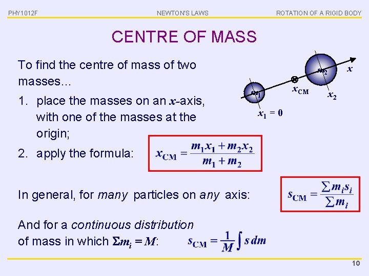 PHY 1012 F NEWTON’S LAWS ROTATION OF A RIGID BODY CENTRE OF MASS To