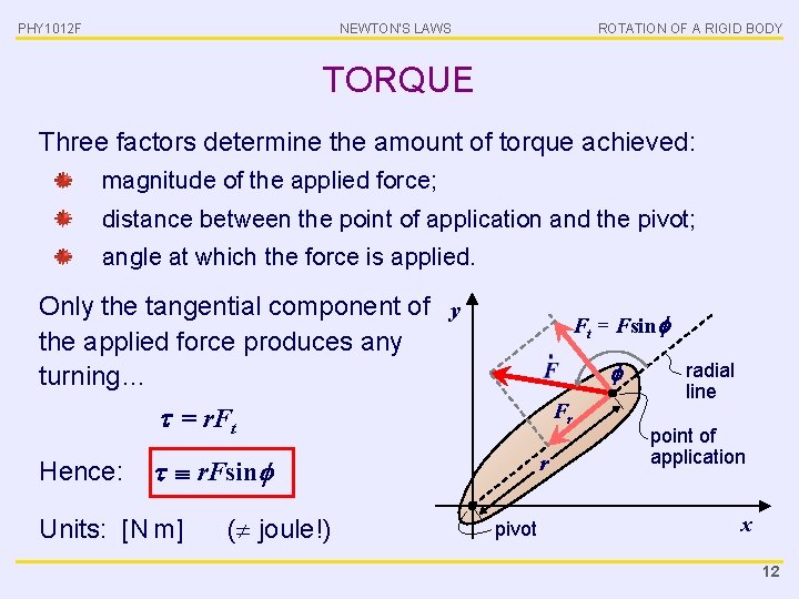 PHY 1012 F NEWTON’S LAWS ROTATION OF A RIGID BODY TORQUE Three factors determine