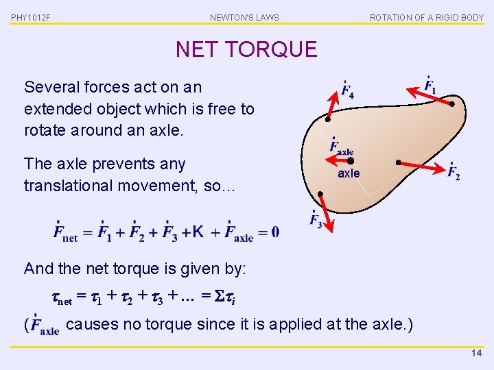 PHY 1012 F NEWTON’S LAWS ROTATION OF A RIGID BODY NET TORQUE Several forces