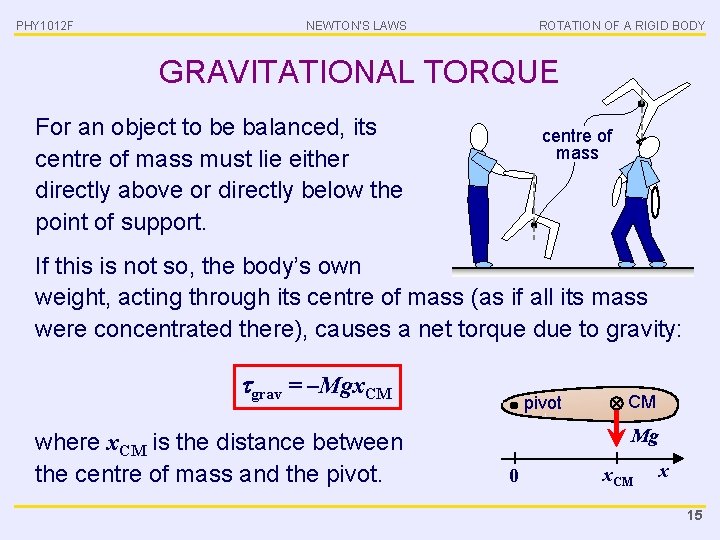 PHY 1012 F NEWTON’S LAWS ROTATION OF A RIGID BODY GRAVITATIONAL TORQUE For an