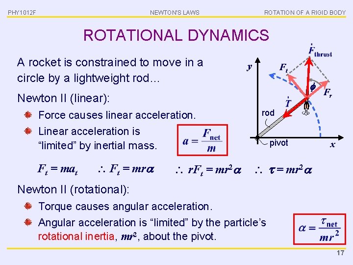 PHY 1012 F NEWTON’S LAWS ROTATION OF A RIGID BODY ROTATIONAL DYNAMICS A rocket