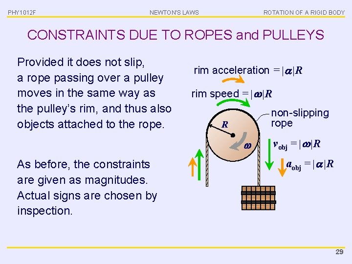 PHY 1012 F NEWTON’S LAWS ROTATION OF A RIGID BODY CONSTRAINTS DUE TO ROPES