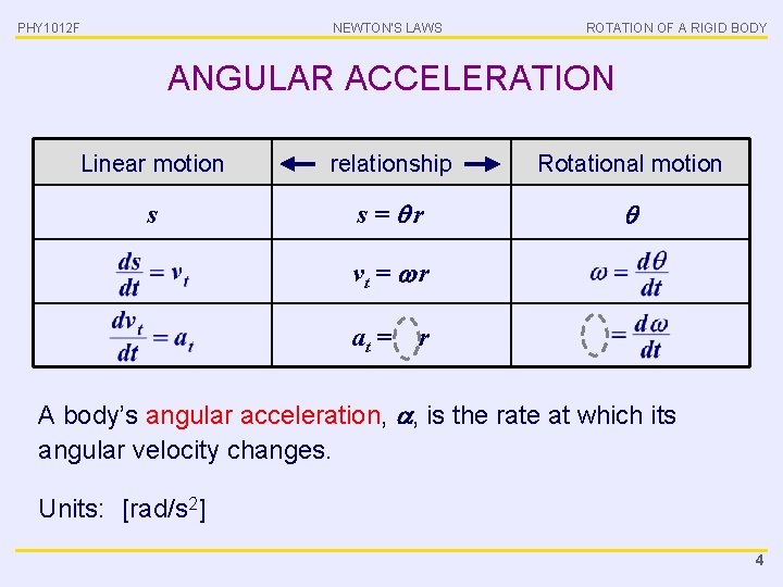 PHY 1012 F NEWTON’S LAWS ROTATION OF A RIGID BODY ANGULAR ACCELERATION Linear motion