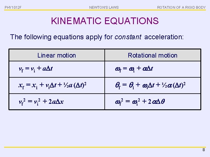 PHY 1012 F NEWTON’S LAWS ROTATION OF A RIGID BODY KINEMATIC EQUATIONS The following