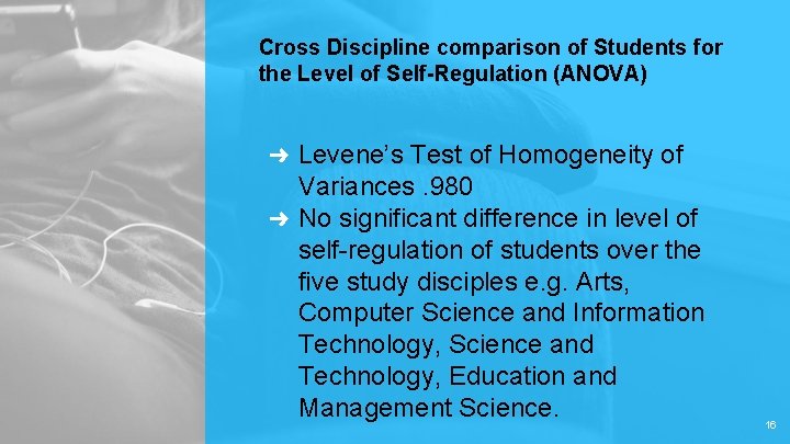 Cross Discipline comparison of Students for the Level of Self-Regulation (ANOVA) Levene’s Test of