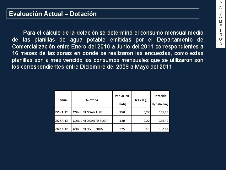 Evaluación Actual – Dotación Para el cálculo de la dotación se determinó el consumo