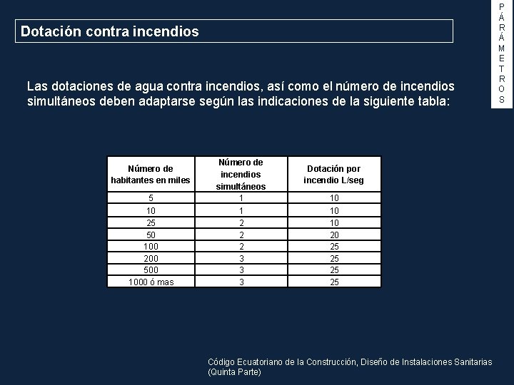 Dotación contra incendios Las dotaciones de agua contra incendios, así como el número de