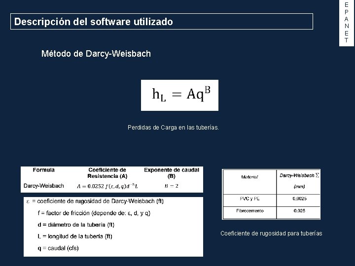 E P A N E T Descripción del software utilizado Método de Darcy-Weisbach Perdidas