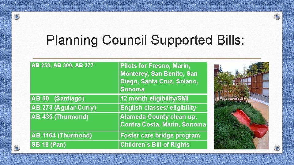 Planning Council Supported Bills: AB 258, AB 300, AB 377 Pilots for Fresno, Marin,