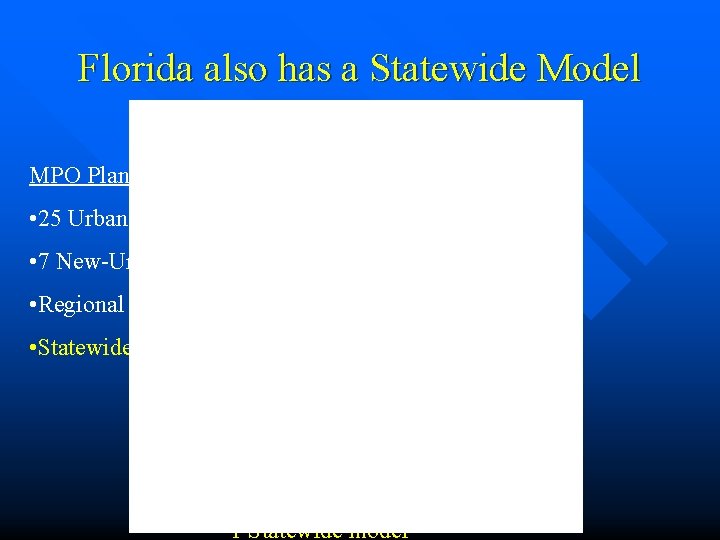 Florida also has a Statewide Model MPO Planning • 25 Urban plans • 7