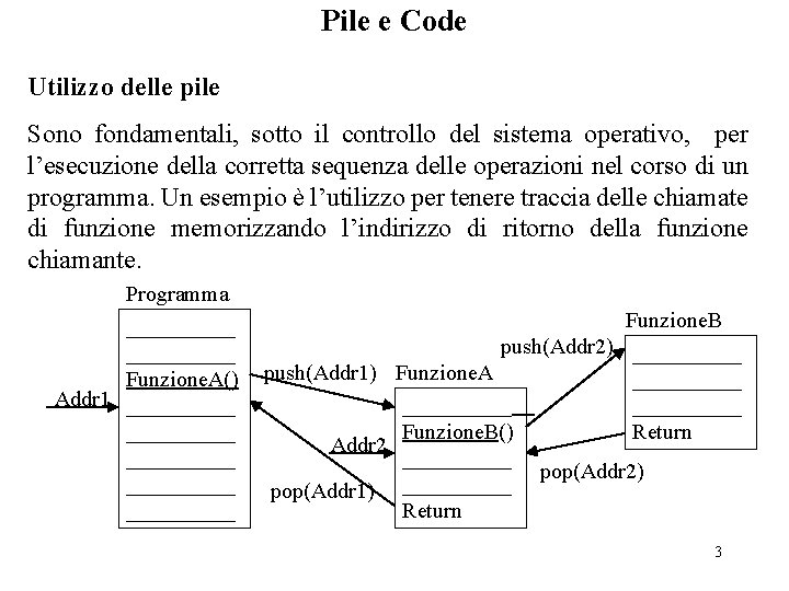 Pile e Code Utilizzo delle pile Sono fondamentali, sotto il controllo del sistema operativo,