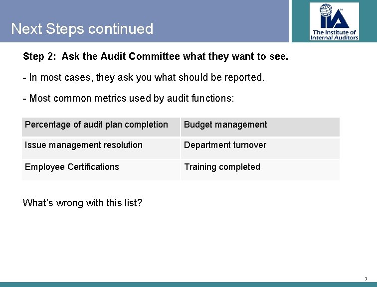 Next Steps continued Step 2: Ask the Audit Committee what they want to see.