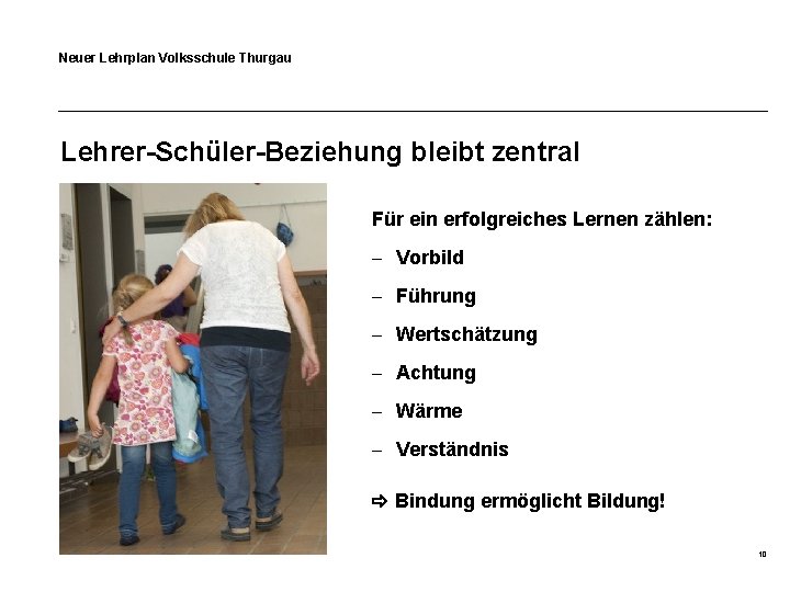 Neuer Lehrplan Volksschule Thurgau Lehrer-Schüler-Beziehung bleibt zentral Für ein erfolgreiches Lernen zählen: - Vorbild