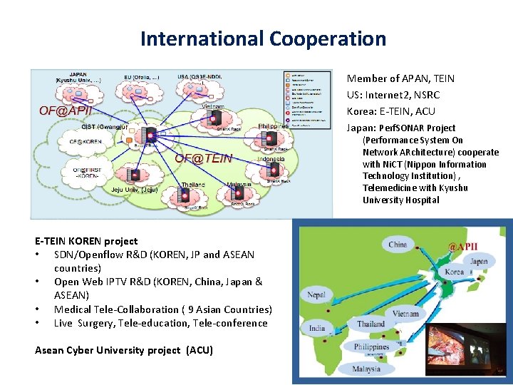 International Cooperation Member of APAN, TEIN US: Internet 2, NSRC Korea: E-TEIN, ACU Japan: